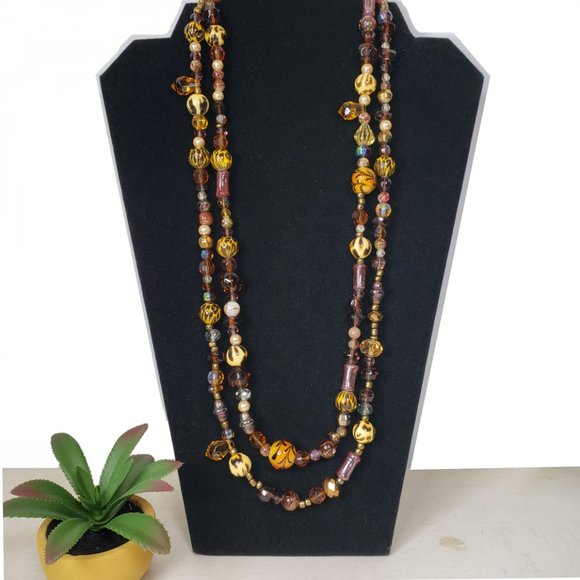 Glass bead brown and yellow multi-tone necklace - Picture 2 of 6